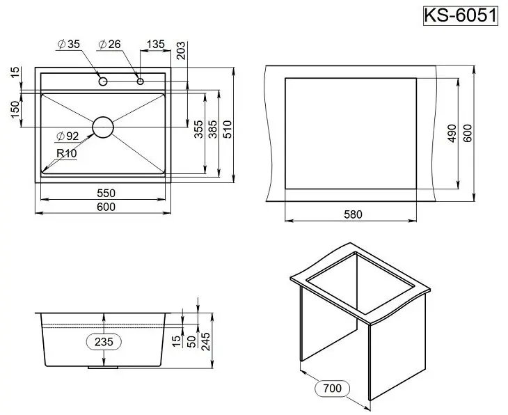 Кухонная мойка GRANULA KITCHEN SPACE KS-6051 60х51х24.5 см, нержавеющая сталь, тон золотистый