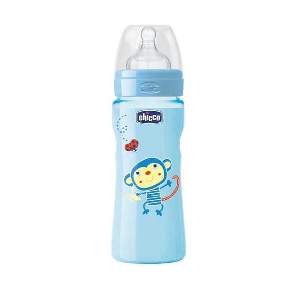 Бутылочка Chicco Wellbeing 330 мл 4м+ голубая купить,NaN