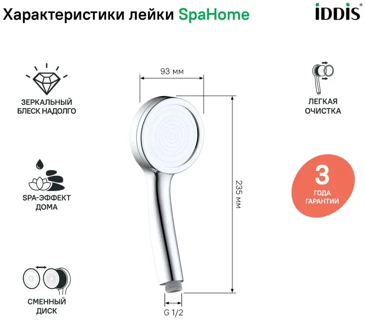 IDDIS лейка для душа (без шланга) SpaHome, пластик купить,11000