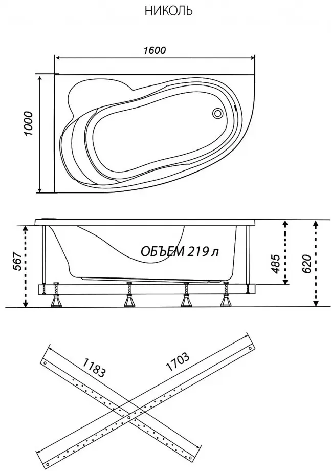 Ванна KABINKA.KZ Николь-правая NEW 160x100 см, акрил