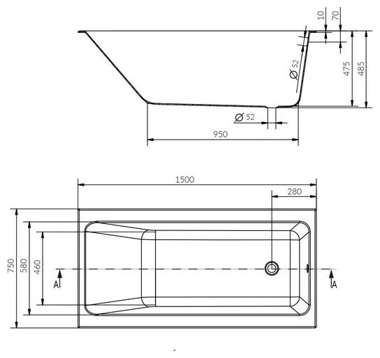 Ванна прямоугольная Cersanit CREA 150x75 см, акрил