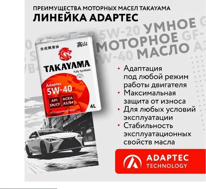 Моторное масло Синтетическое Takayama ADAPTEC 5W-40 4 л купить,NaN