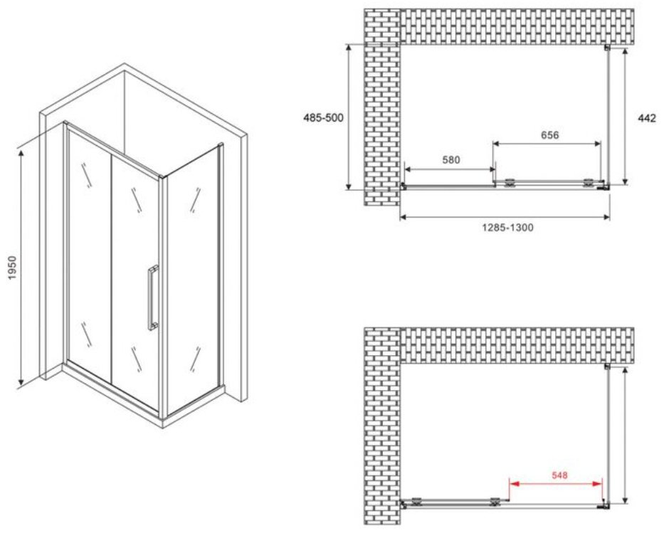 Душевое ограждение Abber двухстенное AG30130MH-S50M, 500х1950 мм купить,NaN
