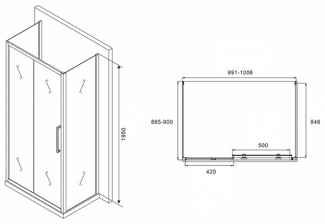 Душевое ограждение Abber двухстенное AG30100H-S90, 1000х1950 мм купить,NaN