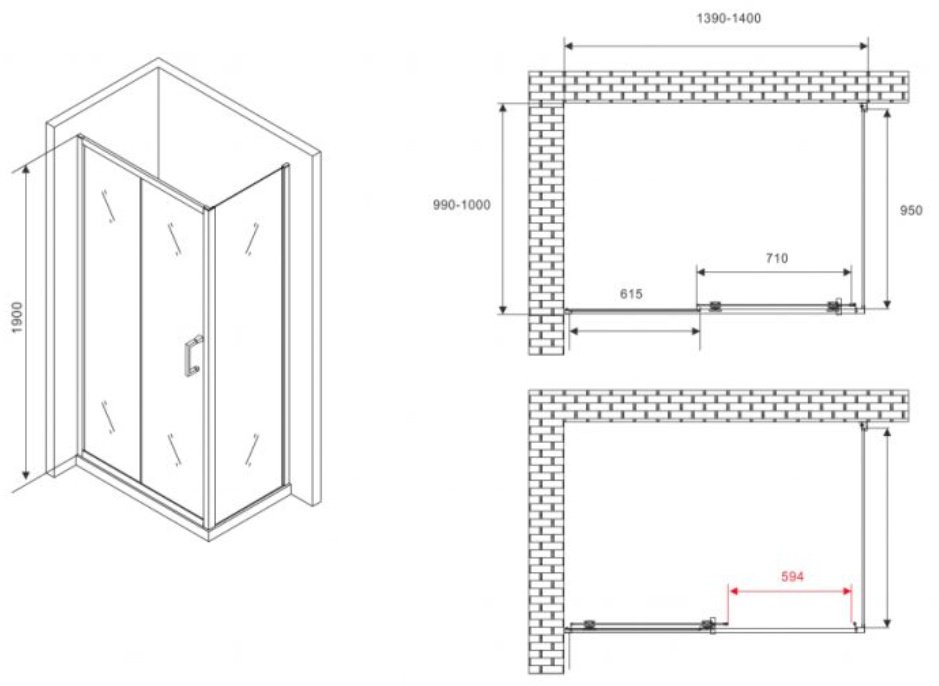 Душевое ограждение Abber двухстенное AG30140B5-S100B5, 1000х1950 мм купить,0