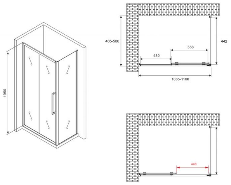 Душевое ограждение Abber двухстенное AG30110BH-S50B, 500х1950 мм купить,NaN