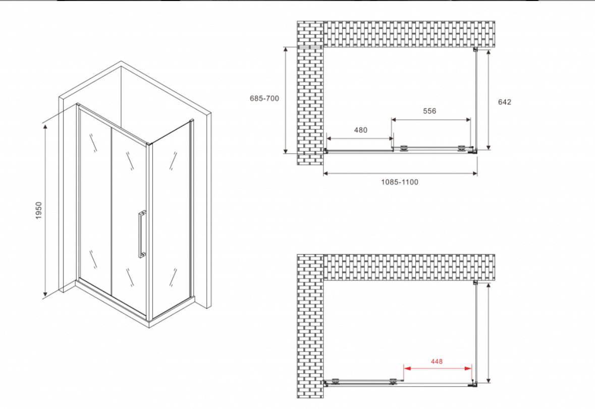 Душевое ограждение Abber двухстенное AG30110BH-S70B, 700х1950 мм купить,NaN