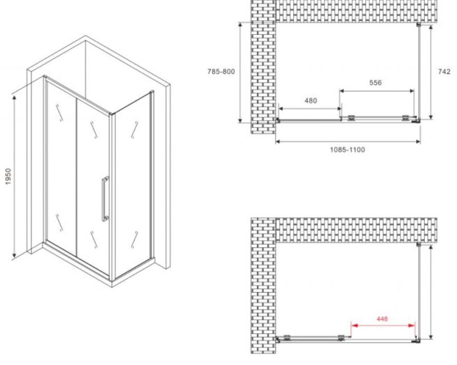 Душевое ограждение Abber двухстенное AG30110BH-S80B, 800х1950 мм купить,0