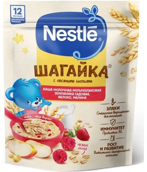 Детская каша Nestle Шагайка с овсяными хлопьями мультизлаковая земляника яблоко малина 190 г купить,NaN