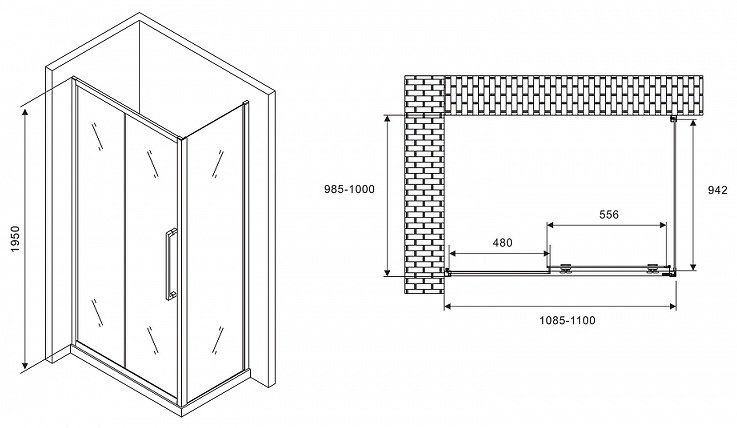 Душевое ограждение Abber двухстенное AG30110H-S100 , 1100х1950 мм купить,NaN