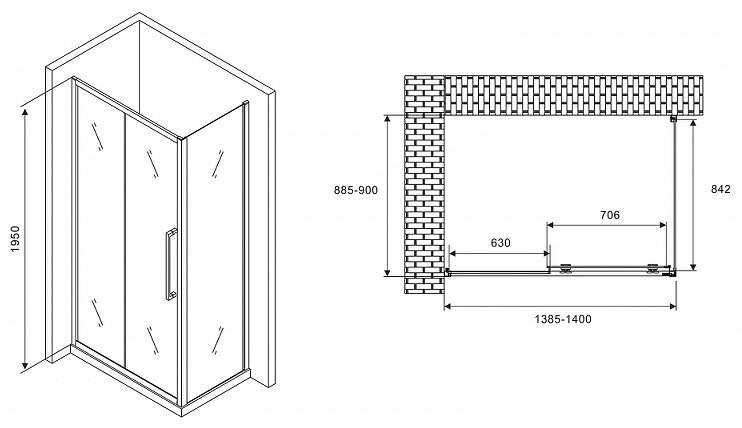 Душевое ограждение Abber двухстенное AG30140H-S90 , 1400х1950 мм купить,NaN