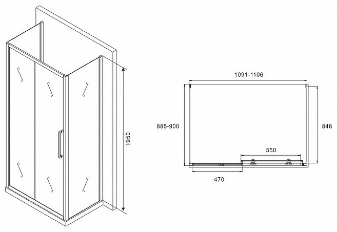 Душевое ограждение Abber двухстенное AG30110H-S90-S90 , 1100х1950 мм купить,NaN