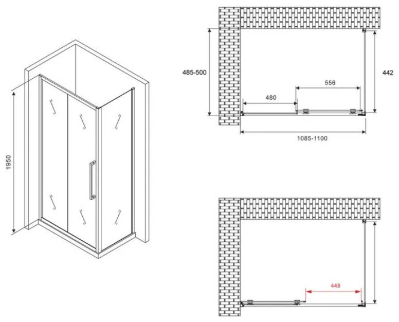 Душевое ограждение Abber двухстенное AG30110MH-S50M, 500х1950 мм купить,NaN