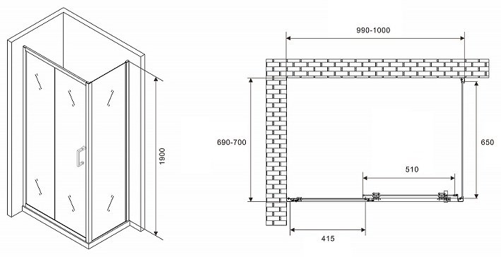 Душевое ограждение Abber двухстенное AG30100B5-S70B5, 700х1900 мм купить,0