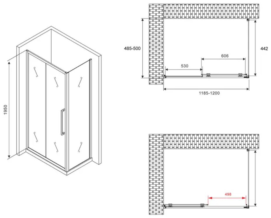 Душевое ограждение Abber двухстенное AG30120BH-S50B , 1200х1950 мм купить,NaN