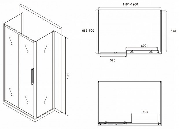 Душевое ограждение Abber двухстенное AG30120BH-S70B , 1200х1950 мм купить,0