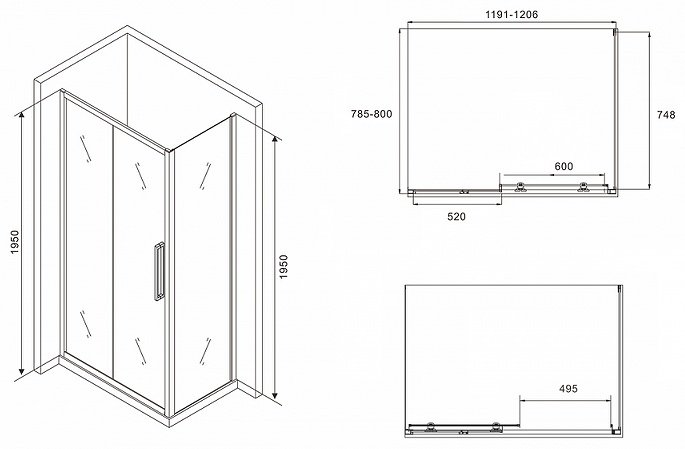 Душевое ограждение Abber двухстенное AG30120BH-S80B , 1200х1950 мм купить,0