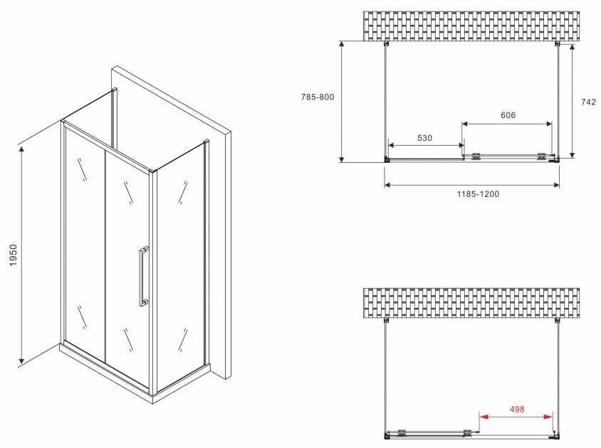 Душевое ограждение Abber двухстенное AG30120BH-S80B-S80B , 1200х1950 мм купить,NaN
