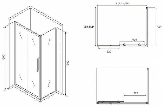 Душевое ограждение Abber двухстенное AG30120BH-S90B , 1200х1950 мм купить,NaN