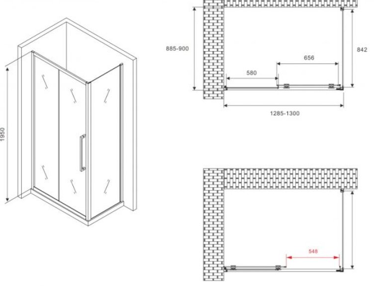 Душевое ограждение Abber двухстенное AG30130BH-S90B, 900х1950 мм купить,NaN