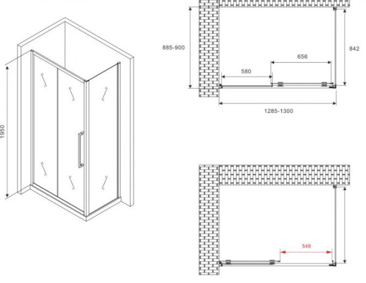 Душевое ограждение Abber двухстенное AG30130BH-S90B, 900х1950 мм купить,NaN