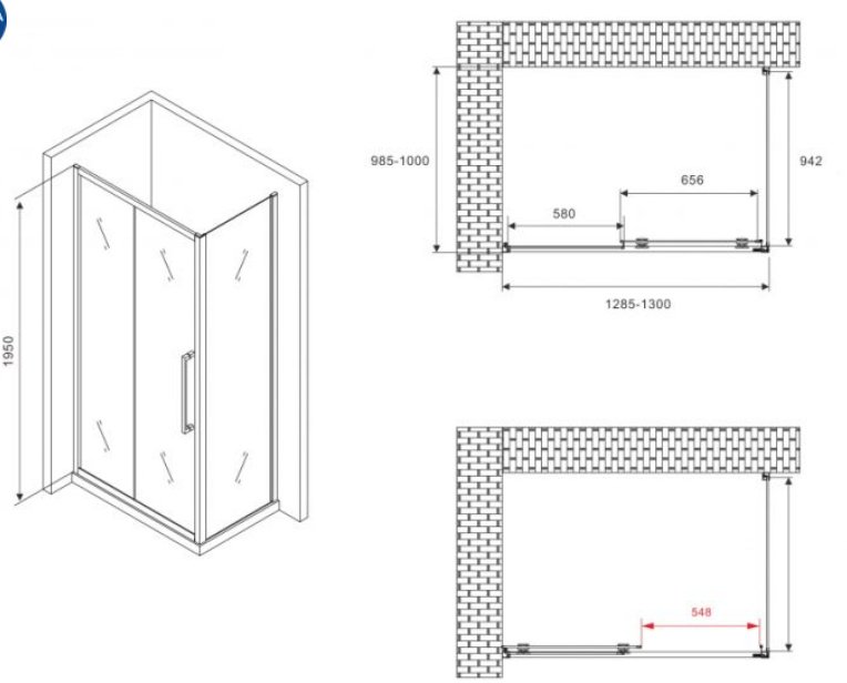 Душевое ограждение Abber двухстенное AG30130H-S100, 1000х1950 мм