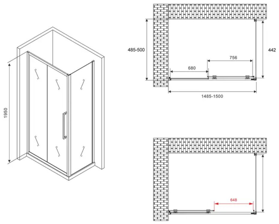 Душевое ограждение Abber двухстенное AG30150BH-S50B , 1500х1950 мм купить,NaN