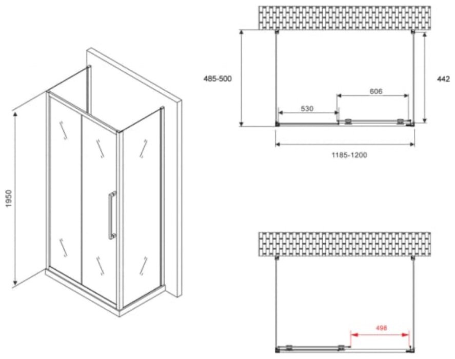 Душевое ограждение Abber трехстенное AG30120H-S50-S50, 1200х1950 мм купить,NaN