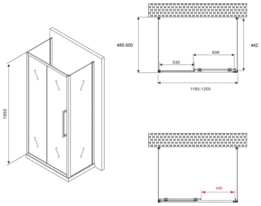 Душевое ограждение Abber трехстенное AG30120H-S50-S50, 1200х1950 мм купить,NaN