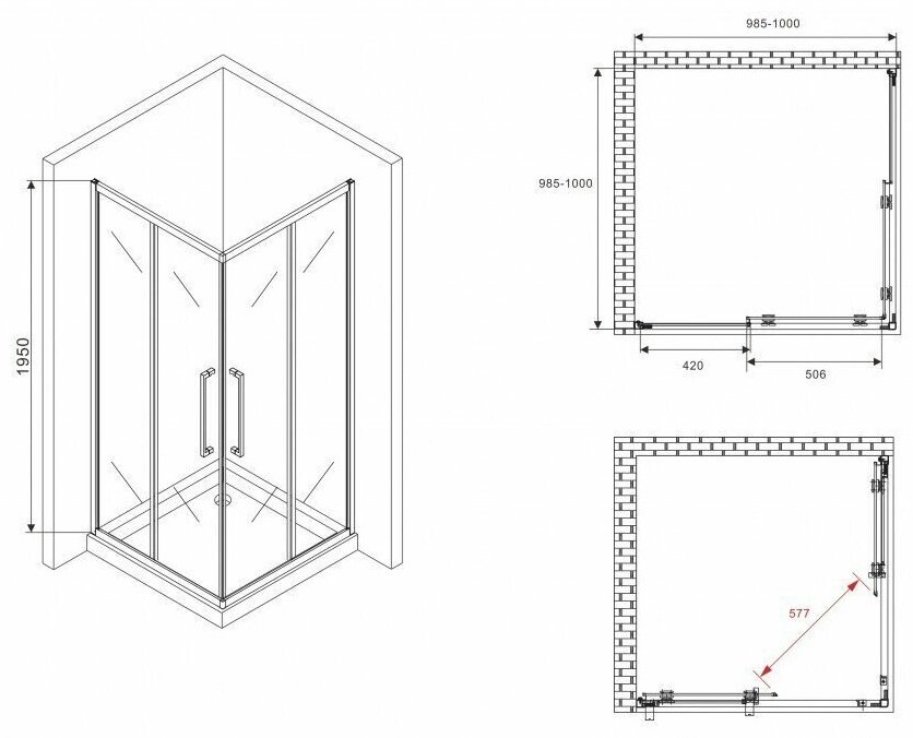 Душевое ограждение Abber двухстенное Душевой уголок ABBER Schwarzer Diamant AG02100BDTH, 1000х1900 мм купить,0