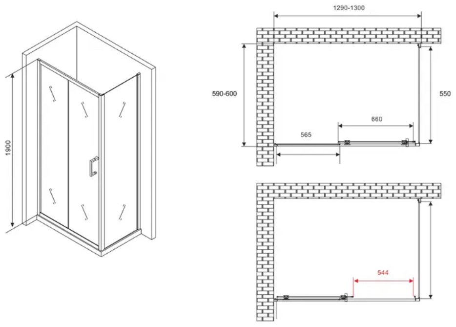 Душевое ограждение Abber трехстенное AG30130B5-S60B5 , 1300х1900 мм купить,0