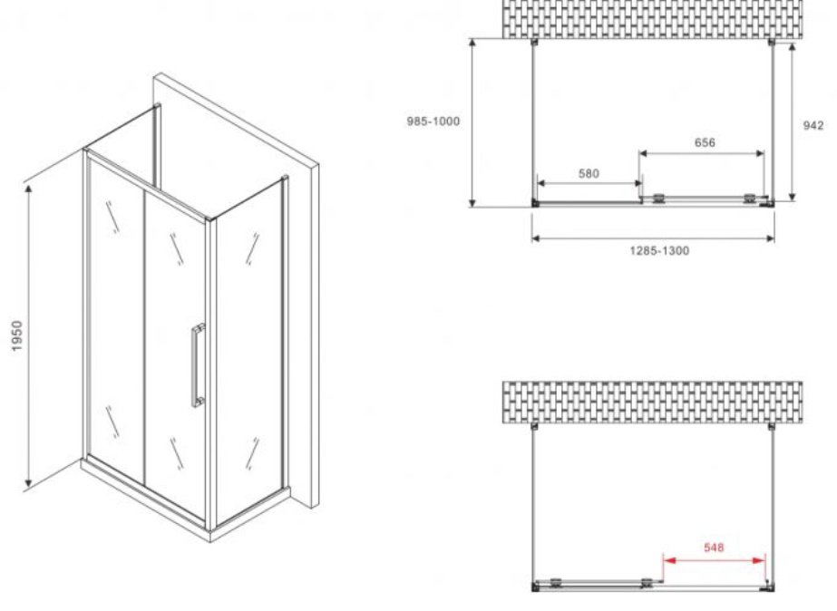 Душевое ограждение Abber трехстенное AG30130BH-S100B-S100B, 1000х1950 мм купить,NaN