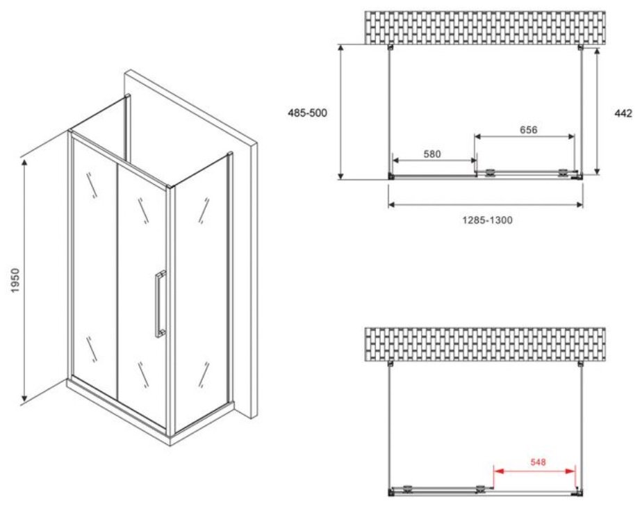 Душевое ограждение Abber трехстенное AG30130BH-S50B-S50B, 1300х1950 мм купить,0