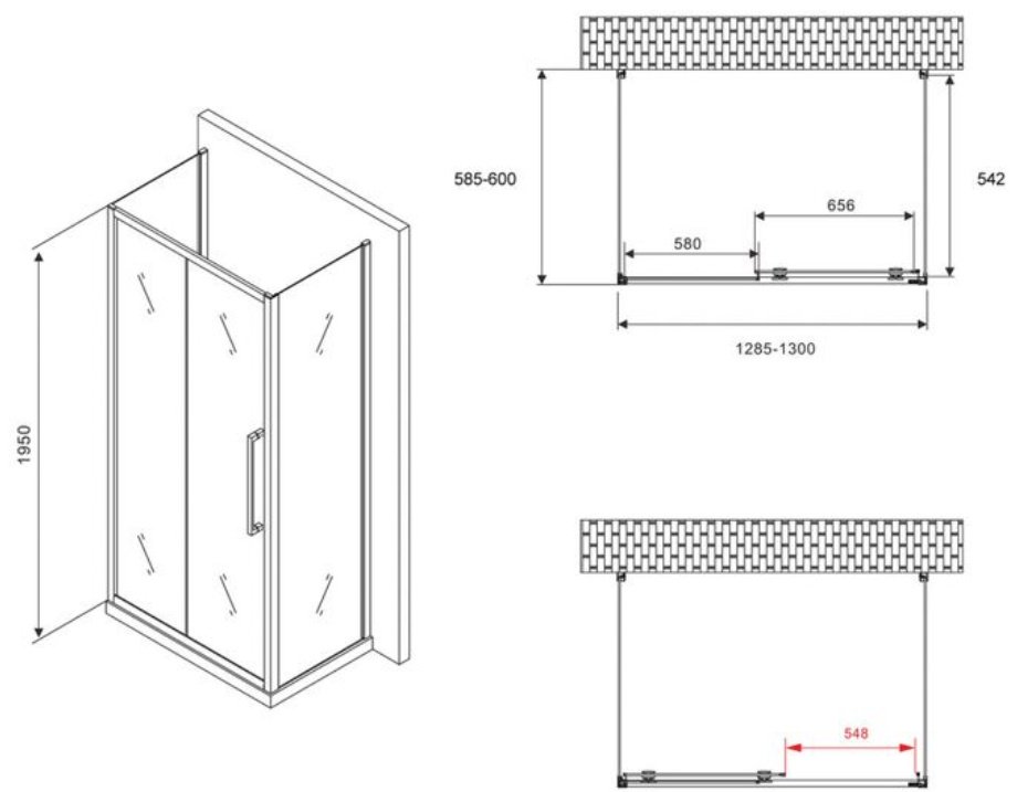 Душевое ограждение Abber трехстенное AG30130BH-S60B-S60B, 1300х1950 мм купить,0