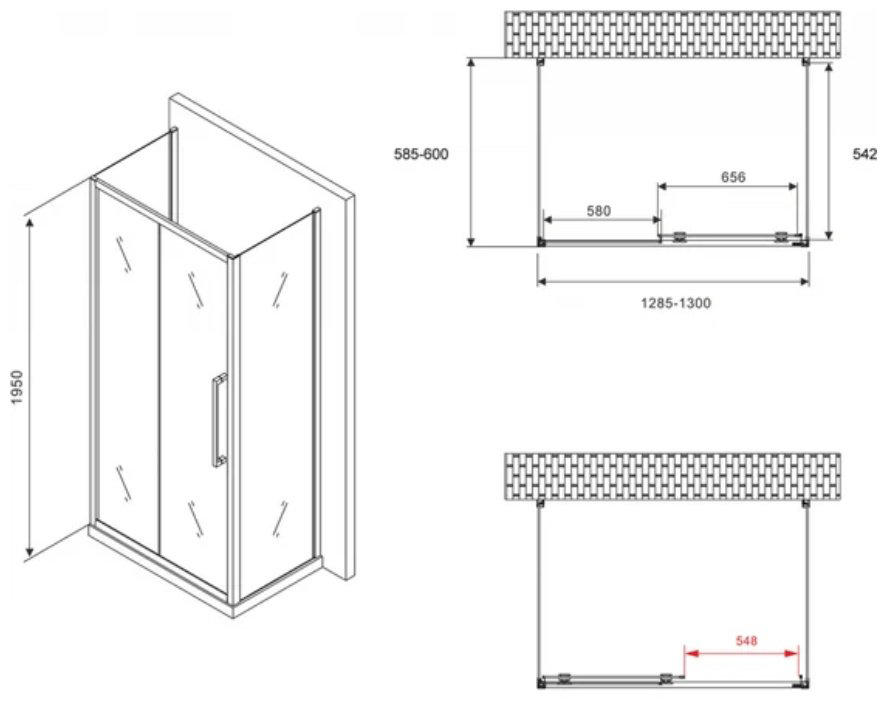 Душевое ограждение Abber трехстенное AG30130MH-S60M-S60M, 1300х1950 мм купить,NaN