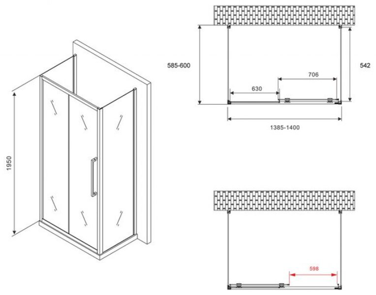 Душевое ограждение Abber трехстенное AG30140BH-S60B-S60B, 600х1950 мм купить,NaN