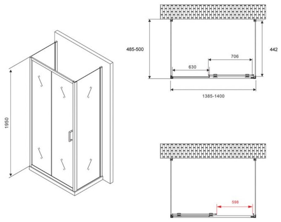 Душевое ограждение Abber трехстенное AG30140B-S50B-S50B, 1400х1950 мм купить,NaN