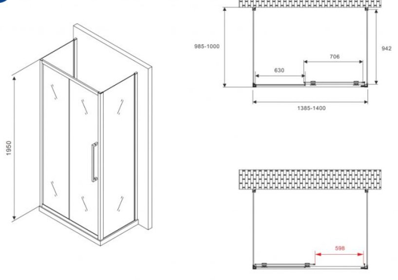Душевое ограждение Abber трехстенное AG30140H-S100-S100, 1000х1950 мм купить,NaN