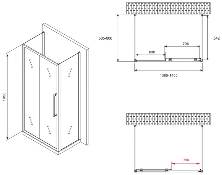 Душевое ограждение Abber трехстенное AG30140MH-S60M-S60M, 1400х1950 мм купить,0