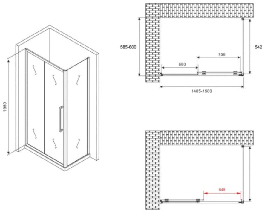Душевое ограждение Abber трехстенное AG30150BH-S60B, 1500х1950 мм купить,0