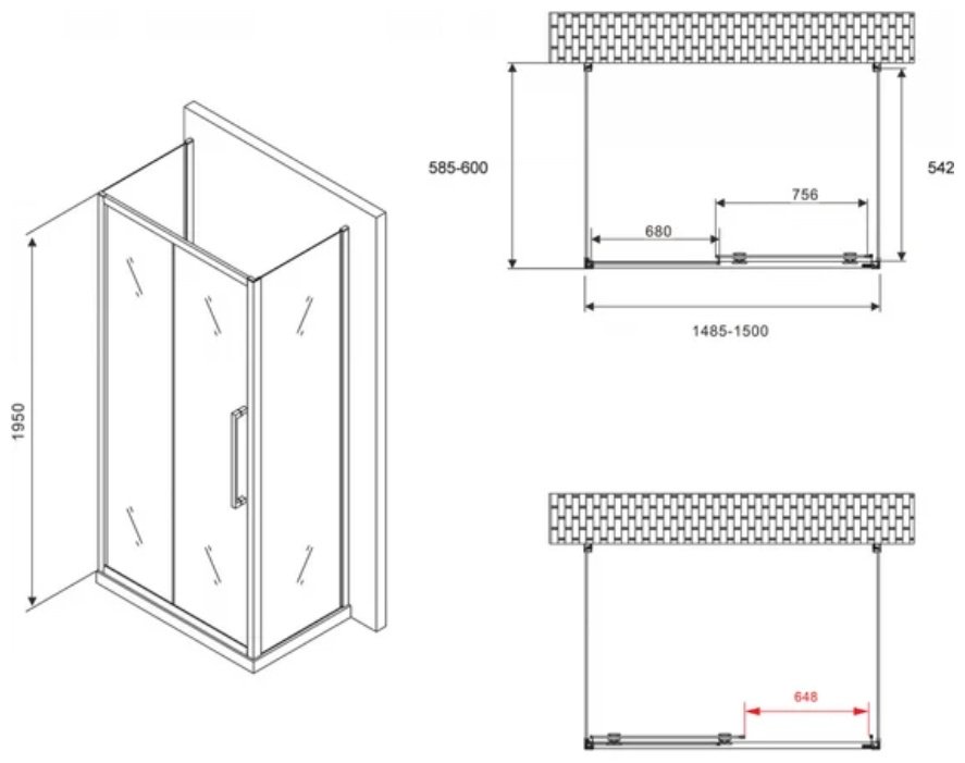 Душевое ограждение Abber трехстенное AG30150BH-S60B-S60B, 1500х1950 мм купить,NaN