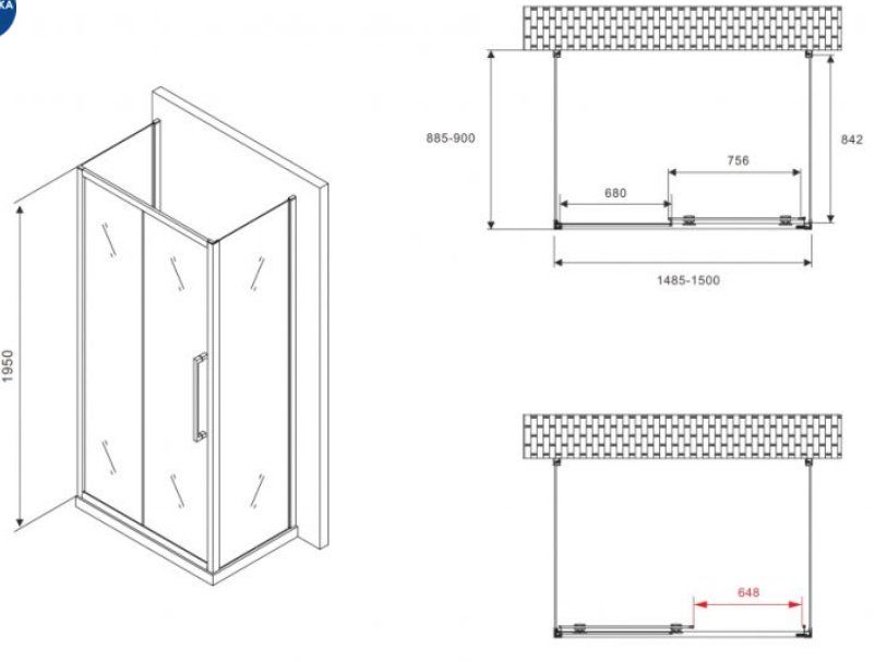 Душевое ограждение Abber трехстенное AG30150BH-S90B-S90B, 900х1950 мм купить,NaN