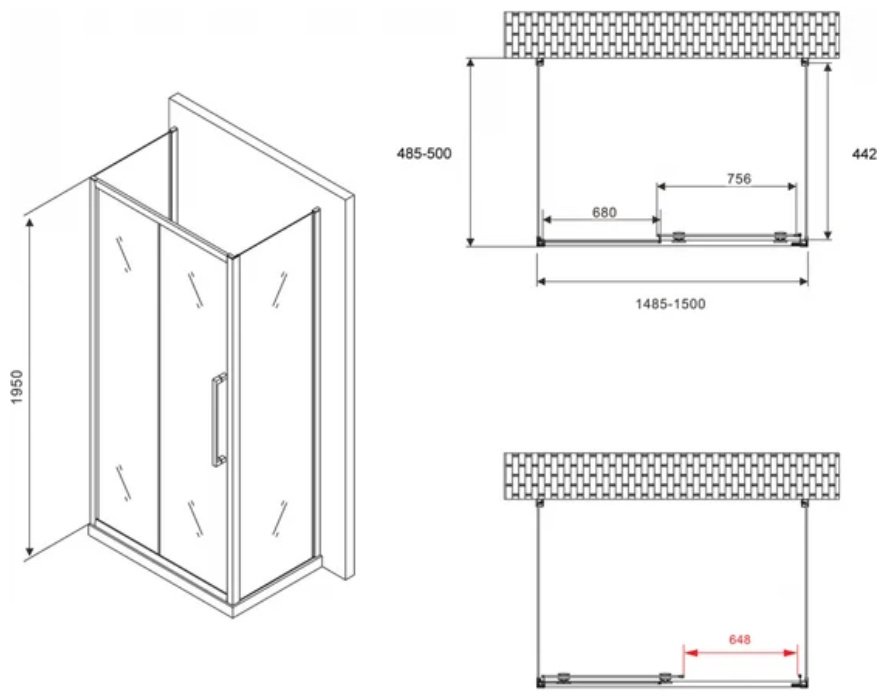 Душевое ограждение Abber трехстенное AG30150H-S50-S50, 1500х1950 мм купить,NaN