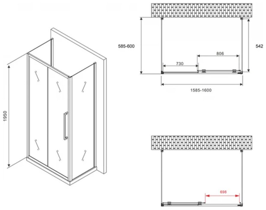 Душевое ограждение Abber трехстенное AG30160BH-S60B-S60B, 1600х1950 мм купить,NaN