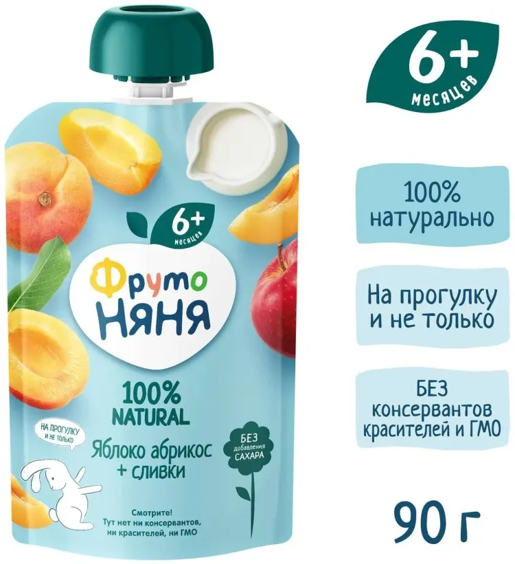 Детское пюре ФрутоНяня яблоко, абрикос, сливки 90 г, с 6 месяцев купить,NaN
