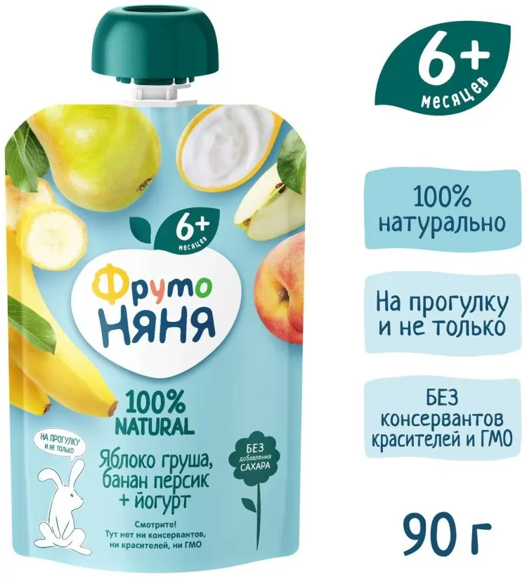 Детское пюре ФрутоНяня яблоко, груша, банан, персик, йогурт 90 г, с 6 месяцев купить,NaN