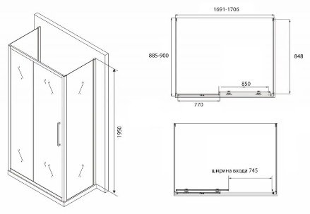Душевое ограждение Abber трехстенное AG30170BH-S90B-S90B, 900х1950 мм купить,0