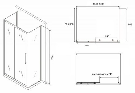 Душевое ограждение Abber трехстенное AG30170BH-S90B-S90B, 900х1950 мм купить,NaN