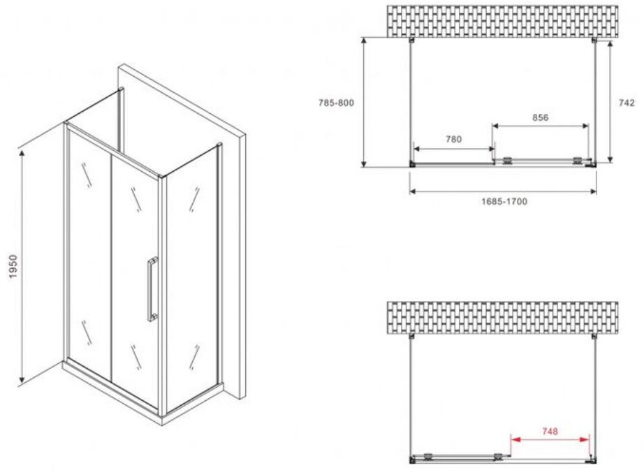 Душевое ограждение Abber трехстенное AG30170BMH-S80BM-S80BM, 800х1950 мм купить,0