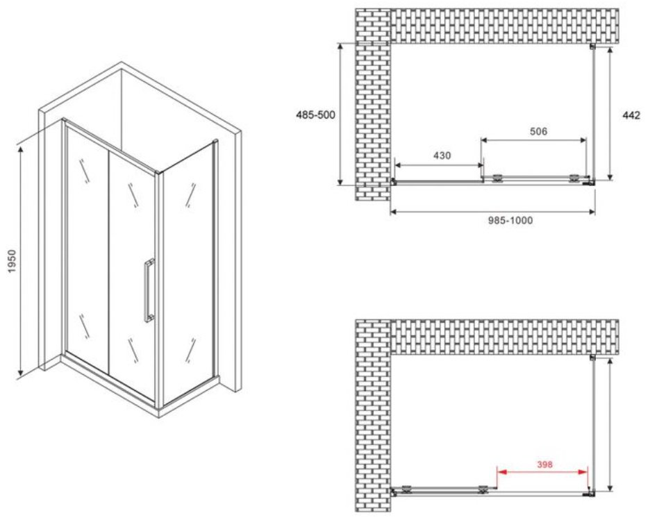 Душевое ограждение Abber трехстенное AG30100BH-S50B, 1000х1950 мм купить,NaN